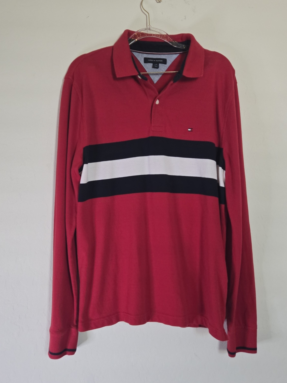 Tommy Hilfiger Long Sleeve Polo Shirt Mens Large Red Navy White Stripe Flag Logo